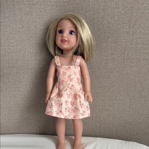 American Girl wellie wisher Willa Doll in non American girl Pink Floral Sundress